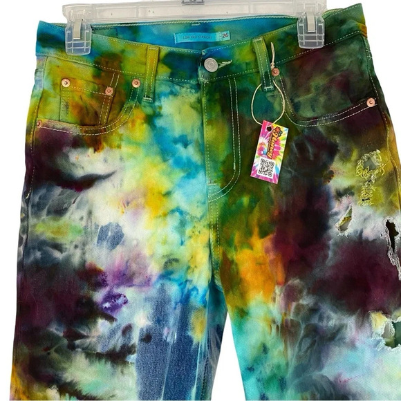 Levis Low Pro Straight Jeans Custom Tie Dye Womens Waist 26 XS Green Blue Levi’s - Picture 3 of 15